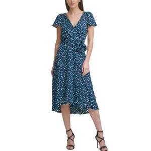 Dkny Blue Flowy Sleeve V-Neck Midi Sundress